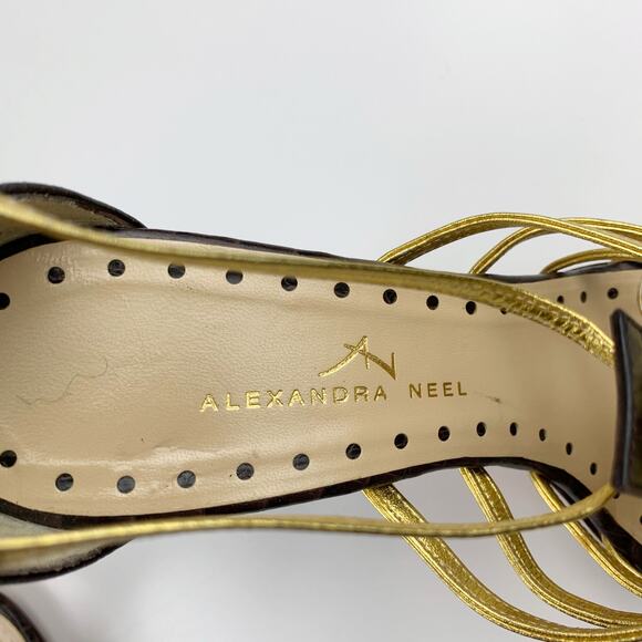 Alexandra Neel Heels Brown Gold Leather Sandals Strappy Italy Women's 39 US 9 - Picture 6 of 11